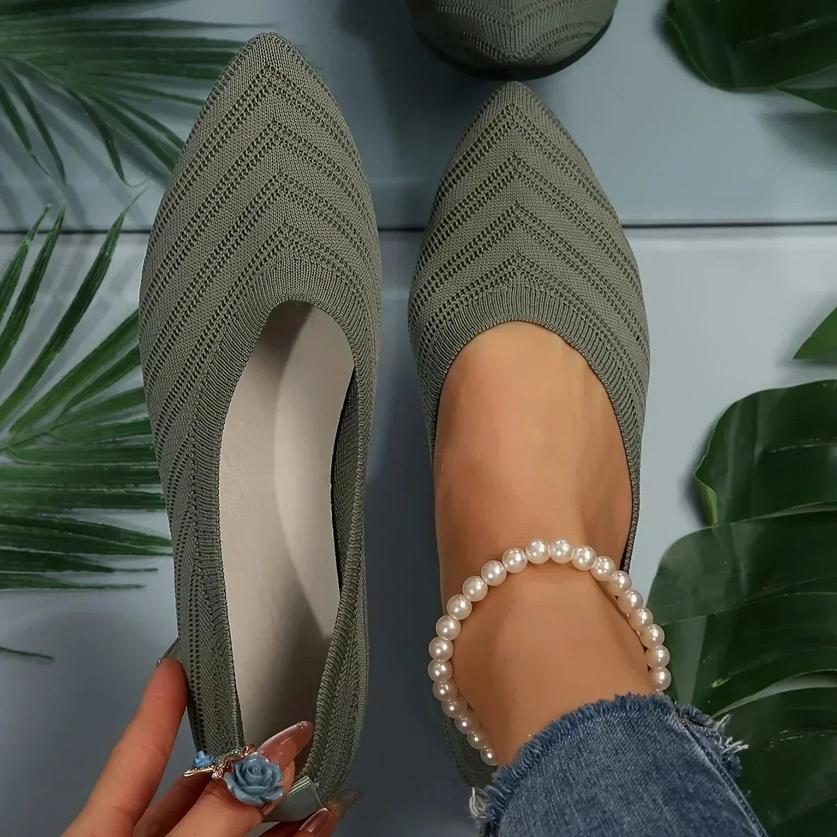 New Open Shoe Flat Office Boot Solid Color Knitted Slip On Shoes Casual Ballet Flats Shoes Women