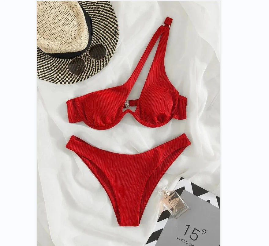 2024 Summer Brazilian String Bikinis Women Push Up Swimsuit One Shoulder Patchwork Beachwear Swimwear Underwire Cut Out Swimming