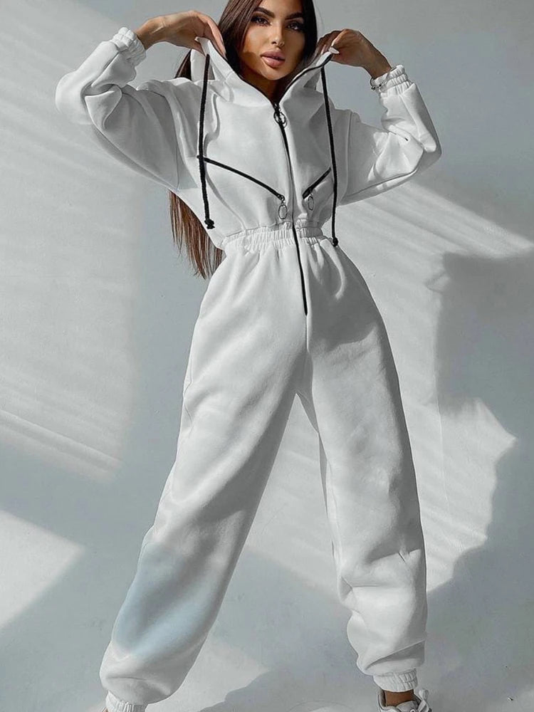 Autumn Women Monochrome Long Sleeve Jumpsuit Solid Color Zip-Up Sportswear Female Winter Casual Tracksuit Fashionable Hoodies