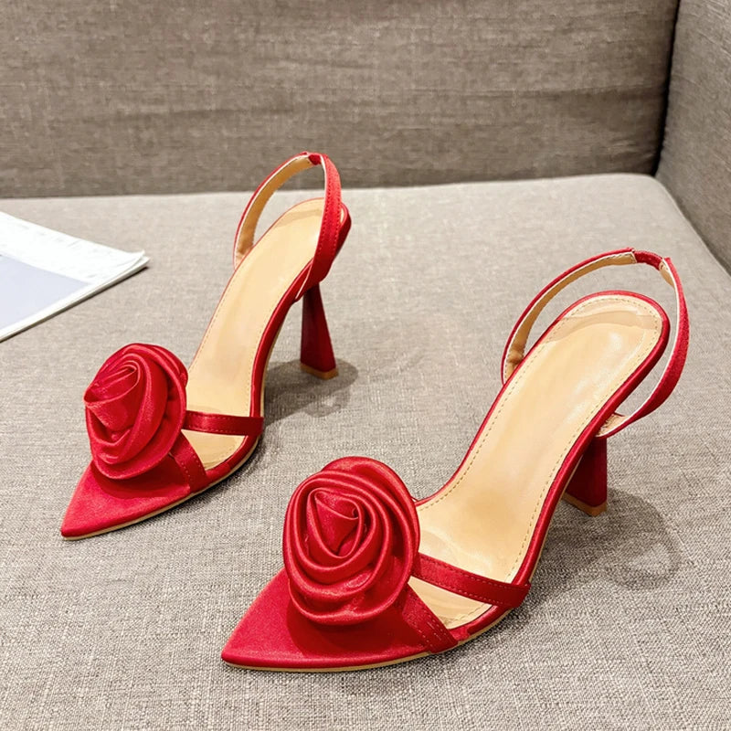 Summer Fashion Silk Rose Flowers Pointed Open Toe Back Strap Sandals Women Red High Heels Wedding Prom Shoes