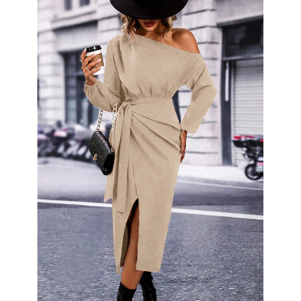 Women's Dresses All Season Elegant Plain Fold Asymmetrical Design Long Sleeve One-Shoulder MIDI Fashion Dresses