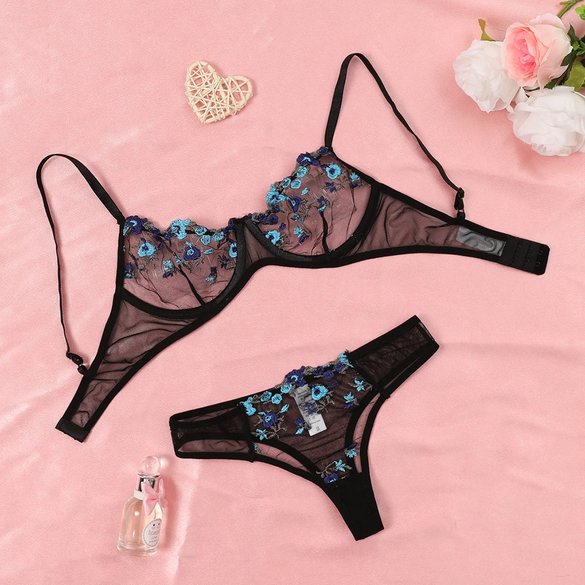 Round Up Night Beautiful Sexy Women 2-piece Floral Embroidery Underwear Sexy Erotic Lingerie Underwear Sexy Sets