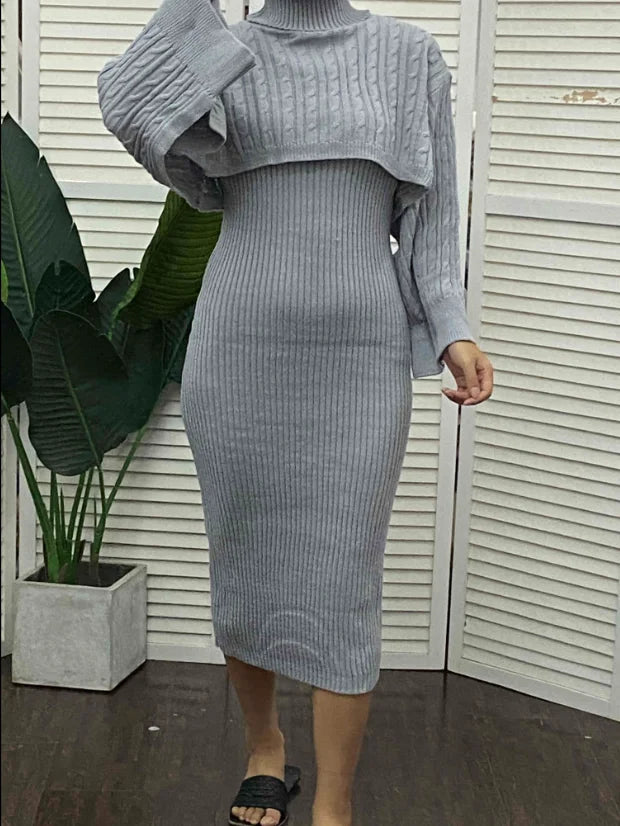 Women's Sweater Dress Set Autumn Winter New 2025 Solid Turtleneck Ribbed Sweater & Knitted Strap Dress Sets Matching Outfit