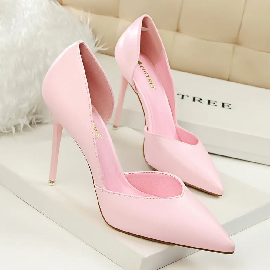 Women 10.5cm High Heels Leather Pumps Escarpins Elegant Sweet Yellow Pink Stiletto Wedding Heels Lady Quality Cheap Party Shoes