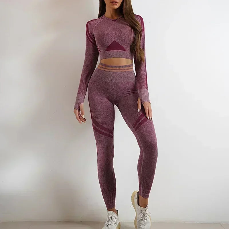 Seamless Yoga Sets Sports Fitness High Waist Hip Raise Pants Long-Sleeved Backless Suit Workout Clothes Gym Shorts Set for Women