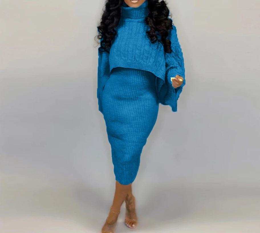 Women's Sweater Dress Set Autumn Winter New 2025 Solid Turtleneck Ribbed Sweater & Knitted Strap Dress Sets Matching Outfit