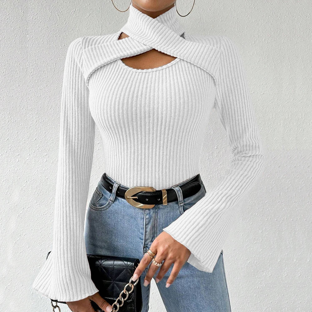 Women's T-Shirts Winter Casual Korean Cut-Out Solid Color Long Sleeve High-Neck Daily T-Shirts