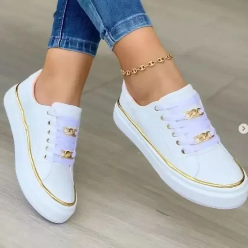 Women's Sneakers New Fashion Chain Leather Comfortable Round Toe Platform Sneakers Lace-up Walking