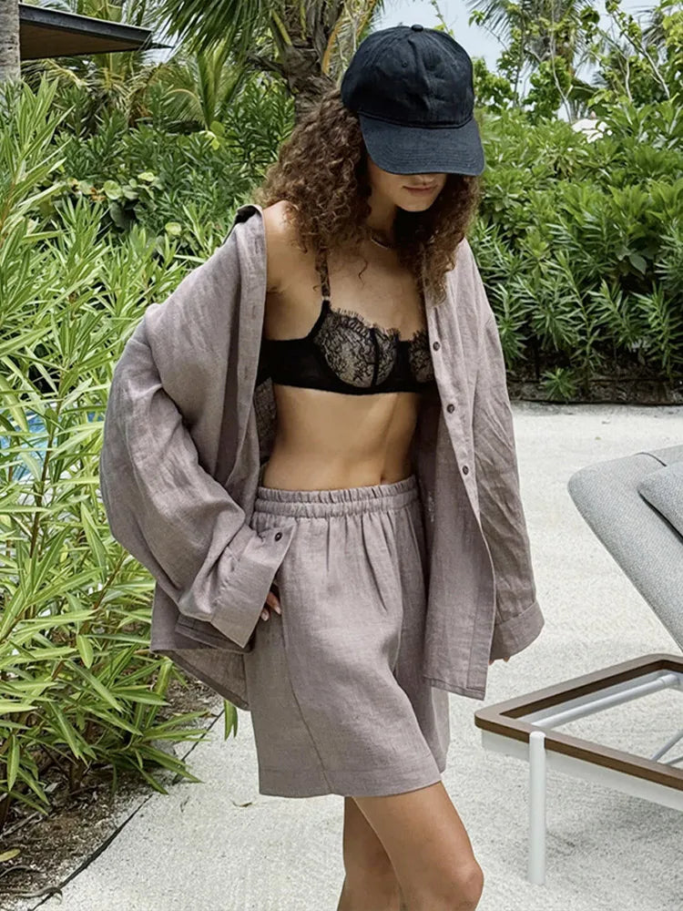 Women Casual Solid Cotton Linen Pants Sets Chic Lapel Single Breasted Long Sleeve Shirt Elasticity Waist Trousers New Two Piece Set