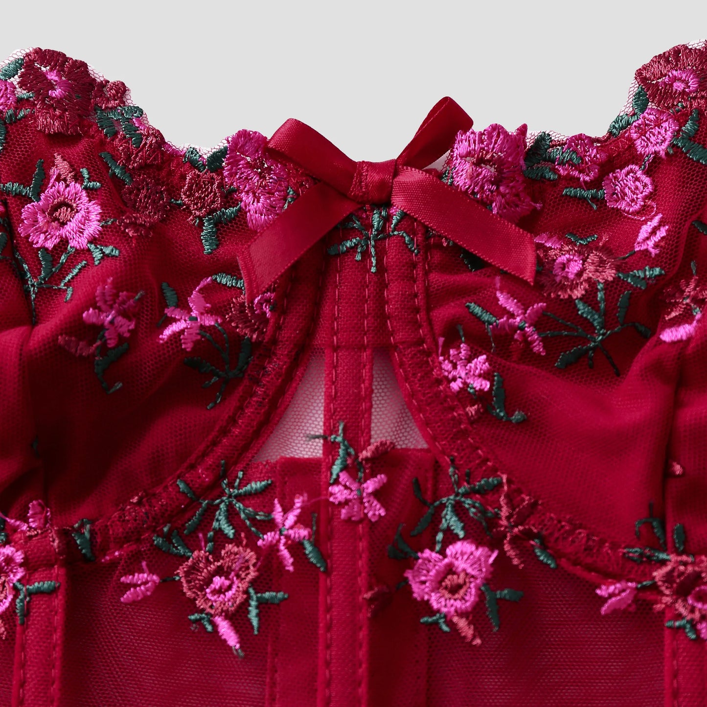 Sexy Lace Floral Embroidery Bow Corset For Women Camisole Sheer Mesh Fishbone Slim Crop Top Wired Bra