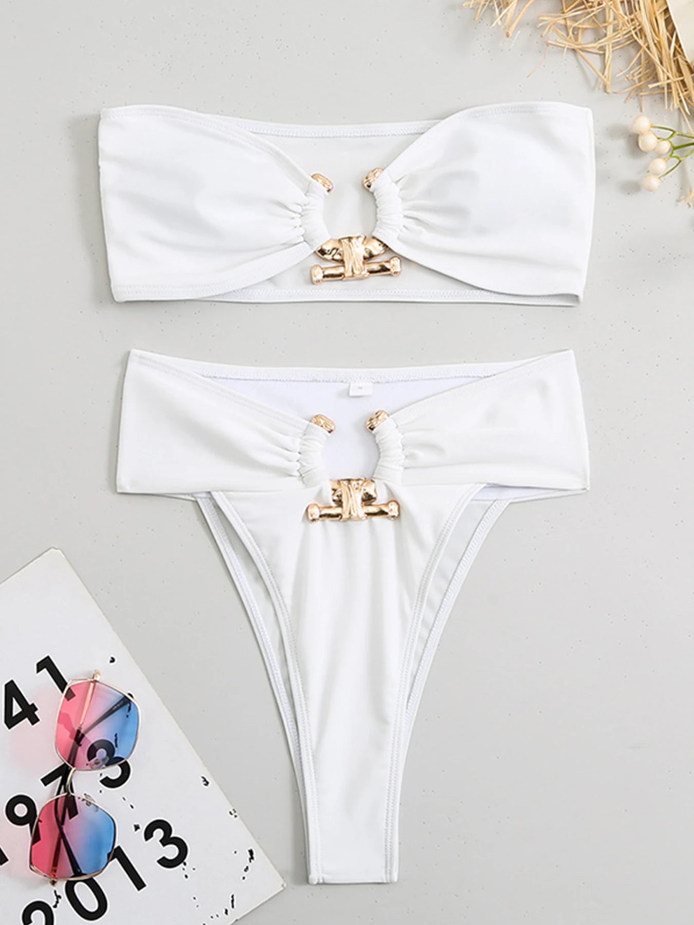 2023 Sexy High Waist Bandeau Bikini Push Up Swimwear Women Swimsuit Female Two Pieces Beachwear Metal Accessories Bathing Suits