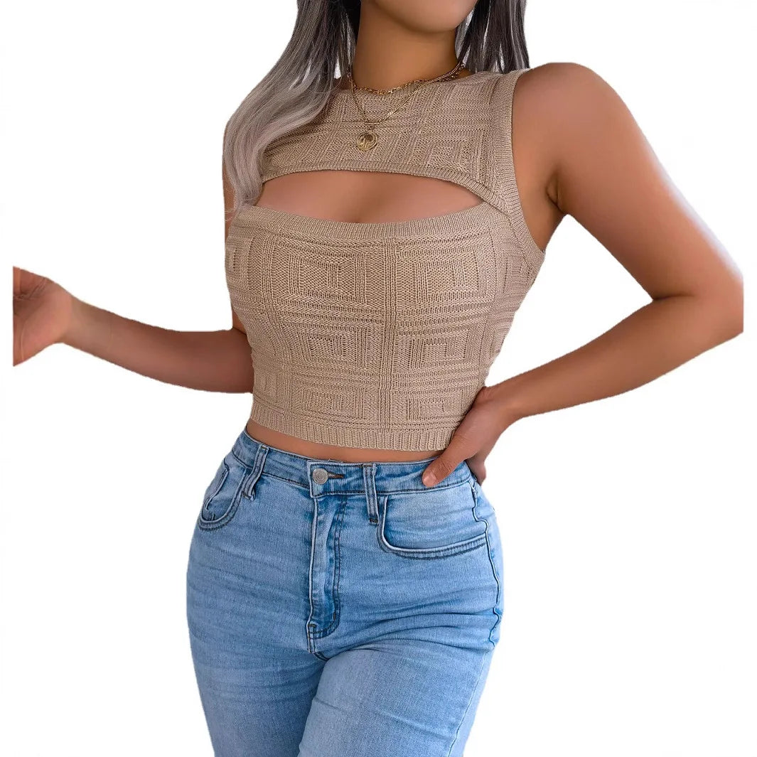 Spice Girl Knitted Tops Solid Color Sexy Hollow Out Ladies Sleeveless Top Knitted Jacquard Vest For Women Slim Fit Tops