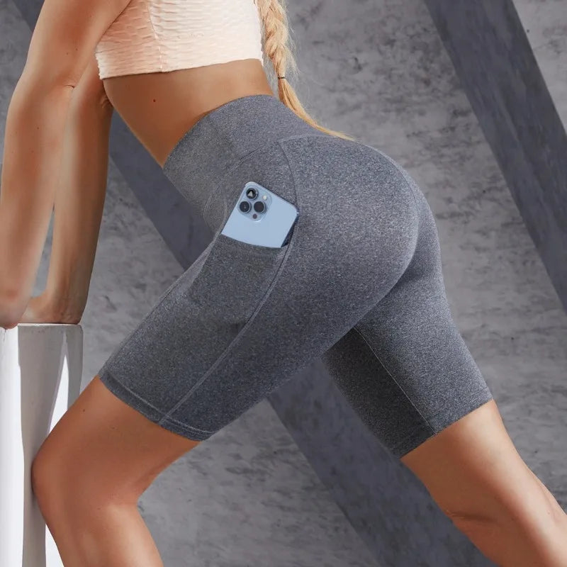 Double Pocket Sports Shorts Women Elastic Slim Shorts Gym Exercise Running High Waist Shorts Multicolor Yoga Fitness Shorts