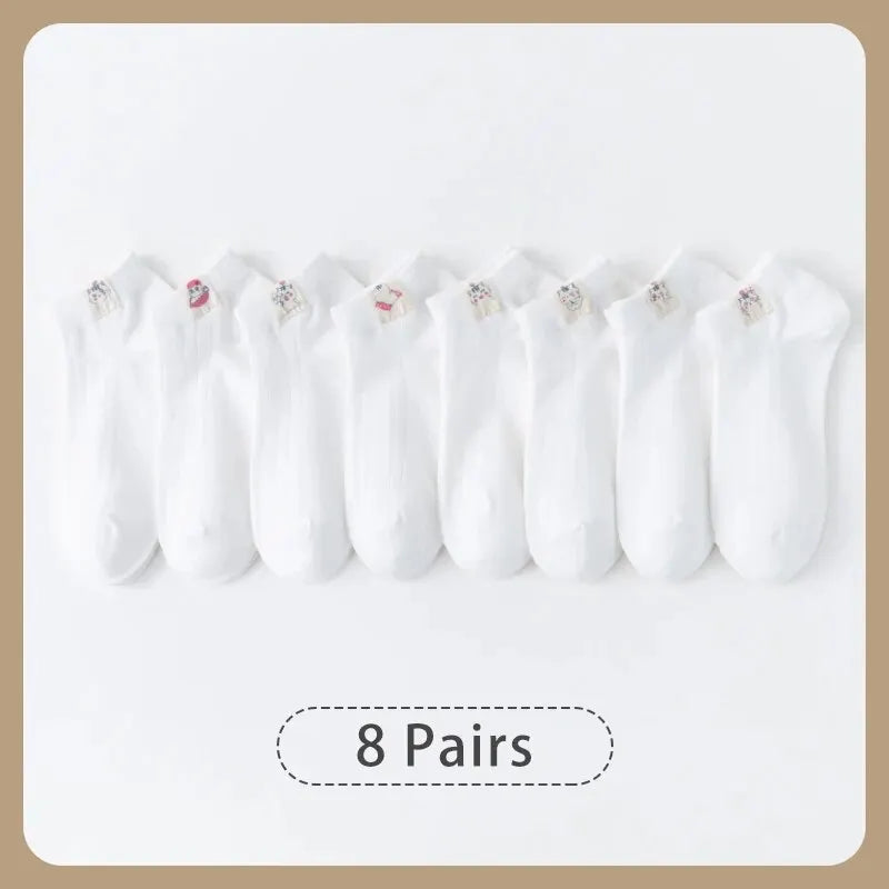 8 Pairs of Women's Spring and Summer Four-seasons White Simple Solid Color Cartoon Cat Fashionable Sweet Cute Comfortable Socks