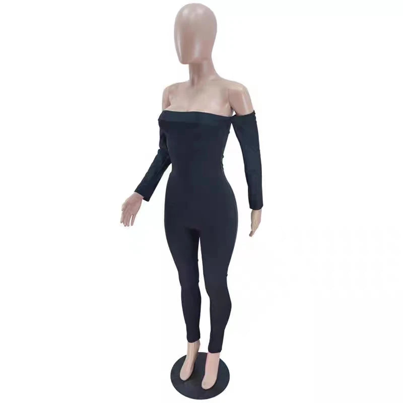 Women's Fashion Bodycon Tight Fitting Jumpsuit Backless Long Sleeve Off Shoulder Autumn Winter One Piece Casual Outfit Ladies