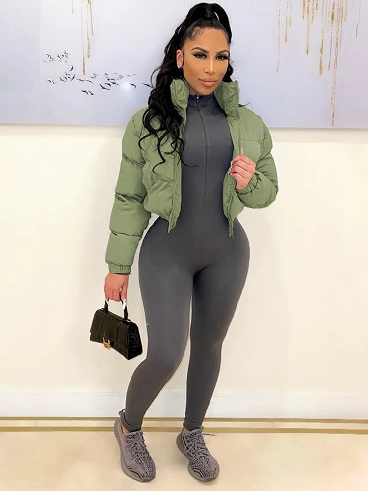 Cotton Padded Coat Women Patchwork Puffer Parka Outwear Solid Color Winter Warm Zipper Crop Top Jacket