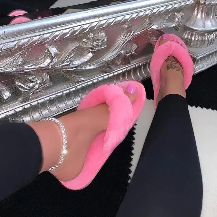 Winter Women House Slippers Faux Fur Warm Flat Shoes Female Slip Home Ladies Slippers Size 36-43