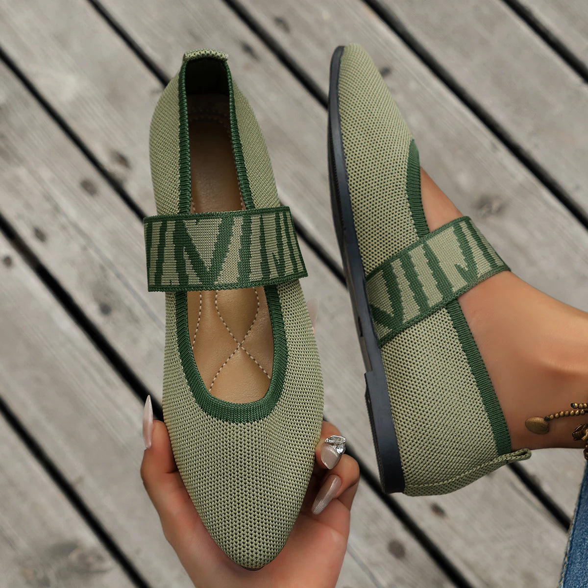 Women's Color Block Knitted Flat Shoes Chic Ballerinas Casual Striped Straps Pointed Women