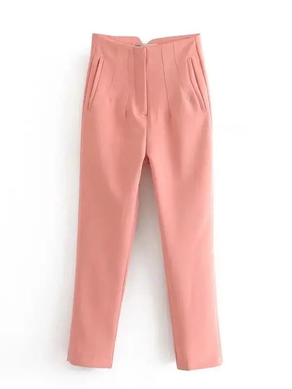 Women Light Blue Chic Fashion Office Wear Straight Pants Vintage High Waist Zipper Fly Female Trousers Fashion 2025 Pants