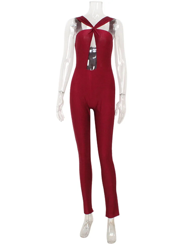 Fashion Satin Women's Jumpsuits Solid Sexy Culb Halter Sleeveless Slim Fit Hollow Out Fit Blackless Streetwear Rompers