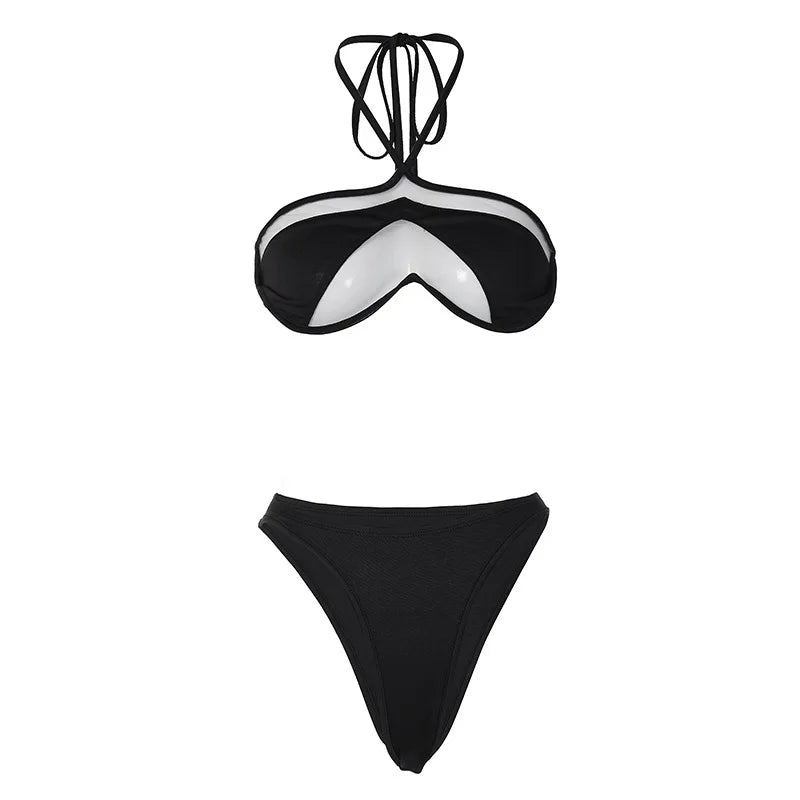 ummer Women's Halter Top Revealing Vest Sexy Trunks Bikini Set Patchwork Mesh With Steel Ring Swimsuit Women