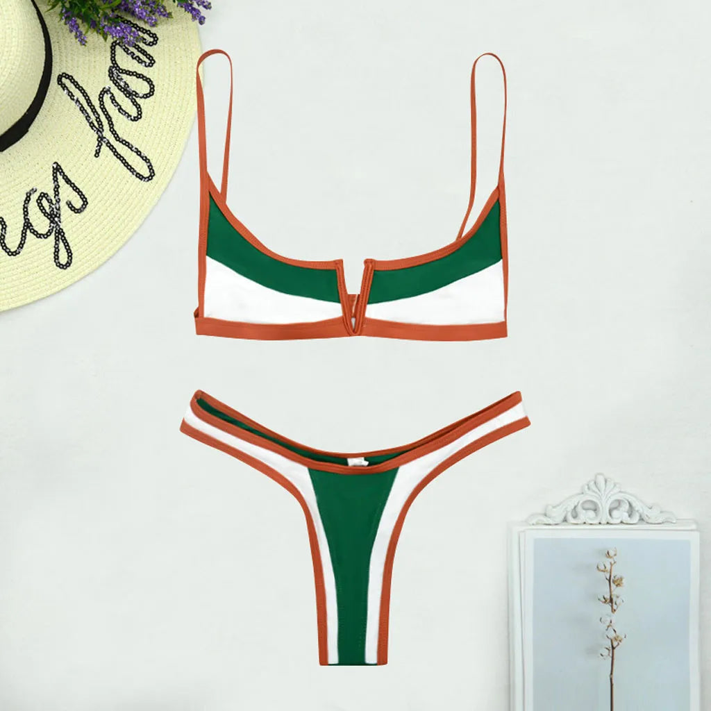 V-neck Color Blocking Print Bathing Suit Woman Sexy Micro Bikinis Sets 2024 Summer Push Up Swimsuit Women 2 Piece Set