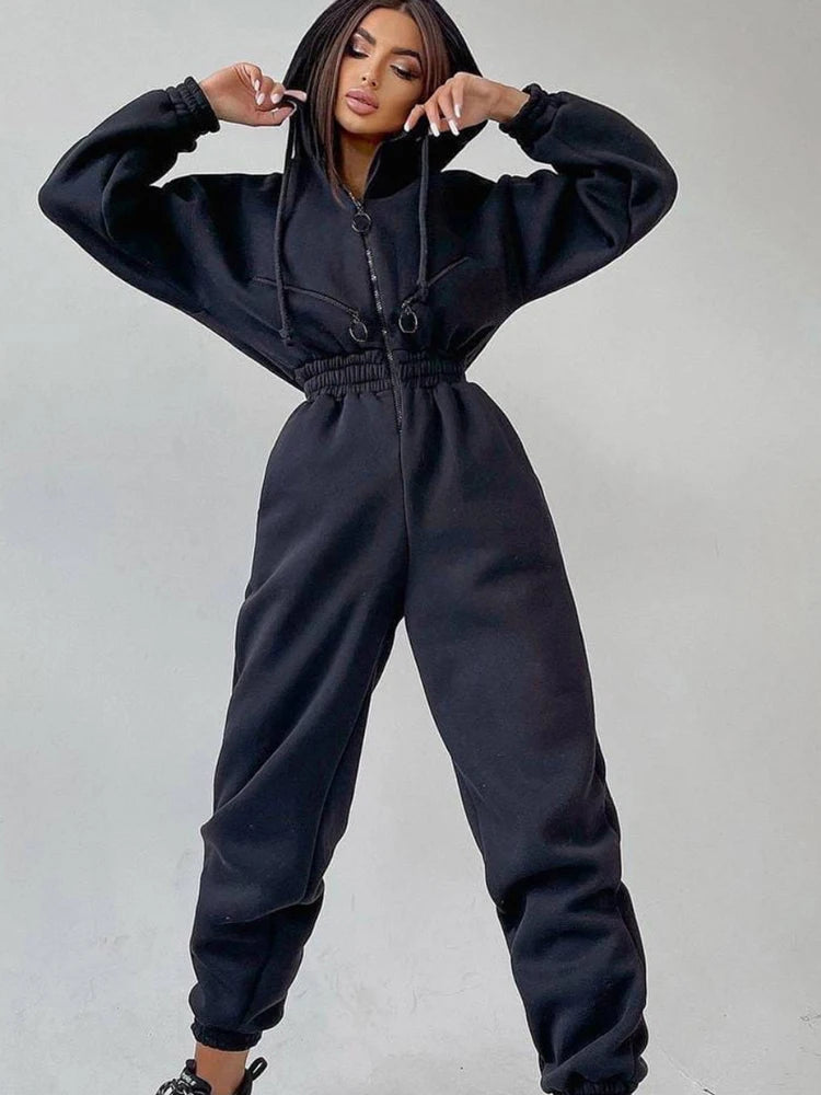 Autumn Women Monochrome Long Sleeve Jumpsuit Solid Color Zip-Up Sportswear Female Winter Casual Tracksuit Fashionable Hoodies