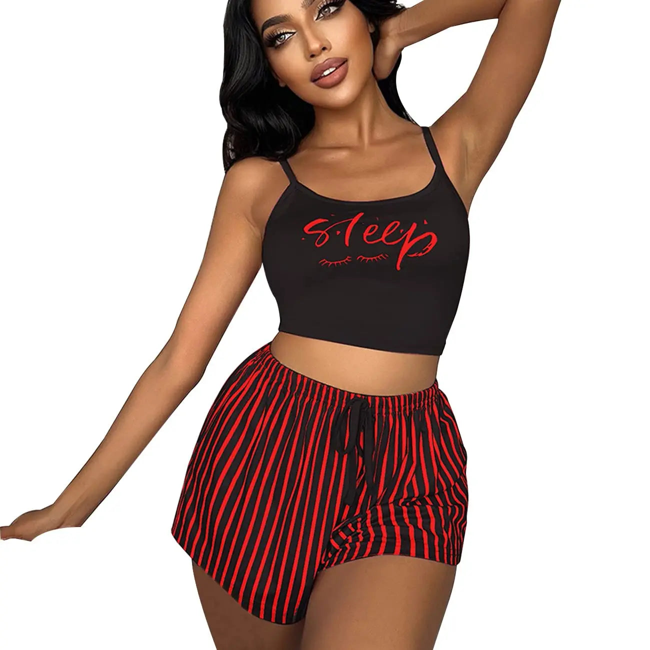 Women's Summer Letter Print Pajama Set Casual Strappy Camisole Shorts Loungewear Set Comfortable Home Sleepwear