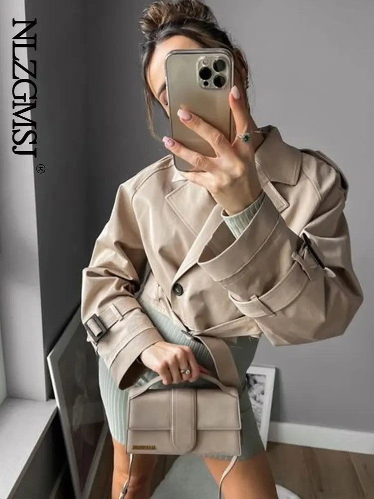 Belt Cropped Trench Spring Jacket Women Vintage Streetwear Double Breasted Long Sleeve Top Female Coat Outfits