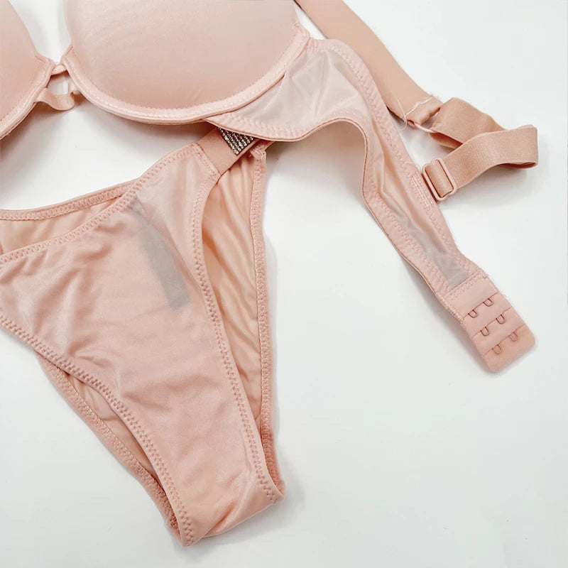 Satin Letters Rhinestone Underwear 2 Piece Set Sexy Underwear Panty Set Comfortable Push Up Bra Women Brand Underwear