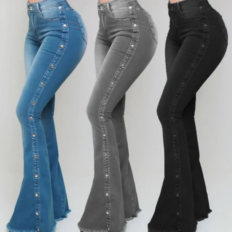 Jeans High Waist Stretch Denim Flare Pants Women Vintage Trousers Buttons Denims Streetwear 2024 Autumn Female Floor Length