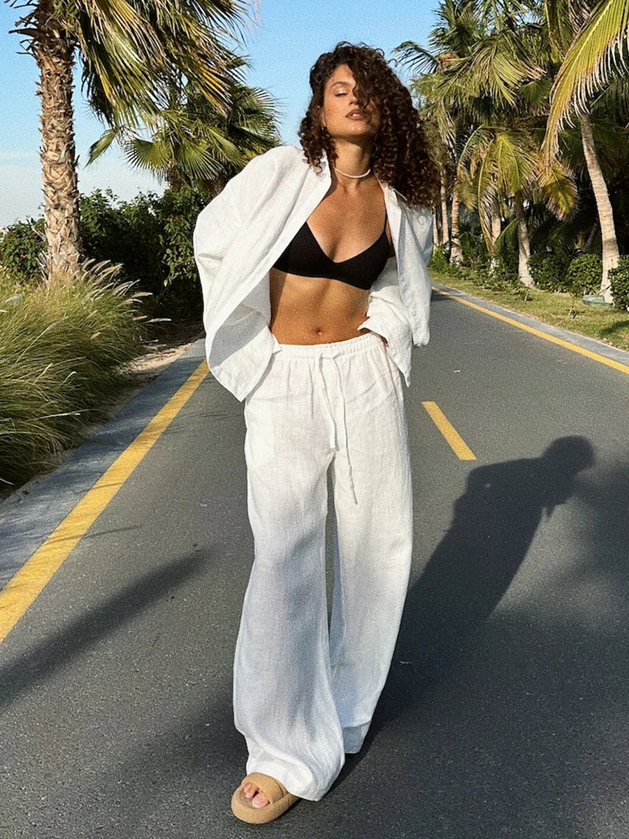 Women Casual Solid Cotton Linen Pants Sets Chic Lapel Single Breasted Long Sleeve Shirt Elasticity Waist Trousers New Two Piece Set