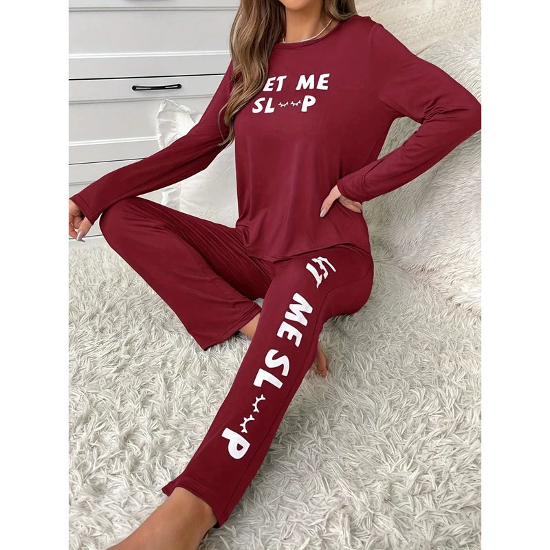 Letter Print Pajamas for Women Autumn Winter Long Sleeve Long Pants Pajamas Ladies Milk Silk Pajamas Sporty Sleepwear for Girls