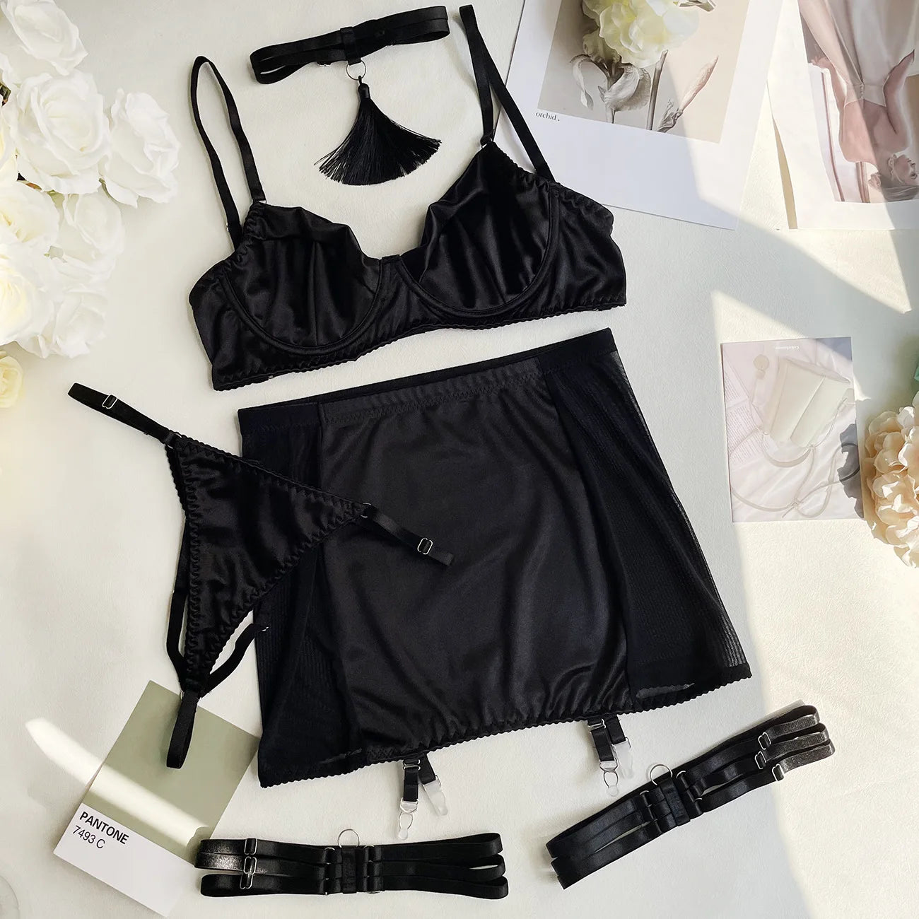 Fine Satin Lingerie Sexy Underwear Lace 5-piece Sissy Seamless Intimate Uncensored Skirt Fancy Bra and Panty Outfits