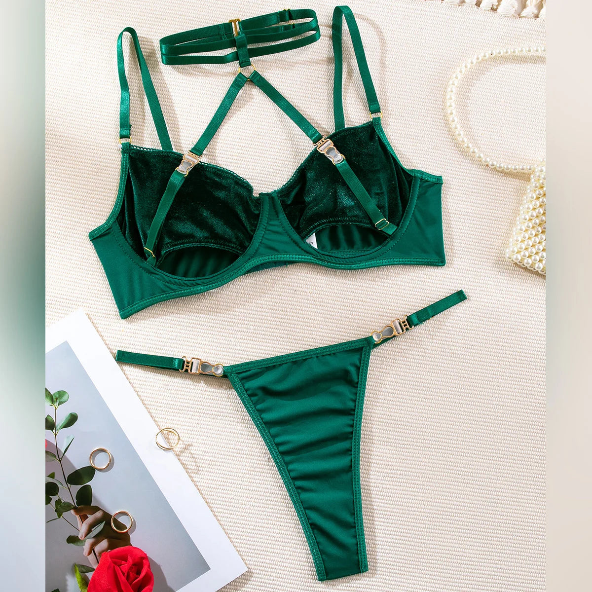 2 Piece Halter Bra + Brief Underwear Set 4 Color Velvet Sexy Intimates