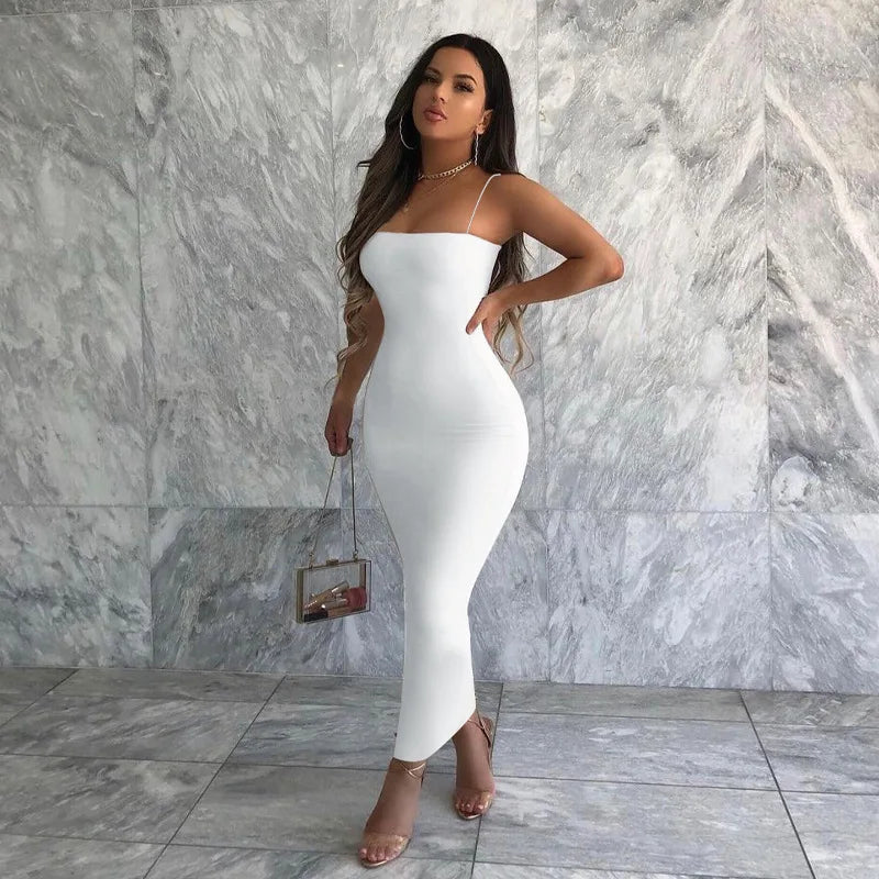 Autumn Winter Women Solid White Black Strap Midi Dress Bodycon Sexy Streetwear Party Club Elegant Fashion Clothes