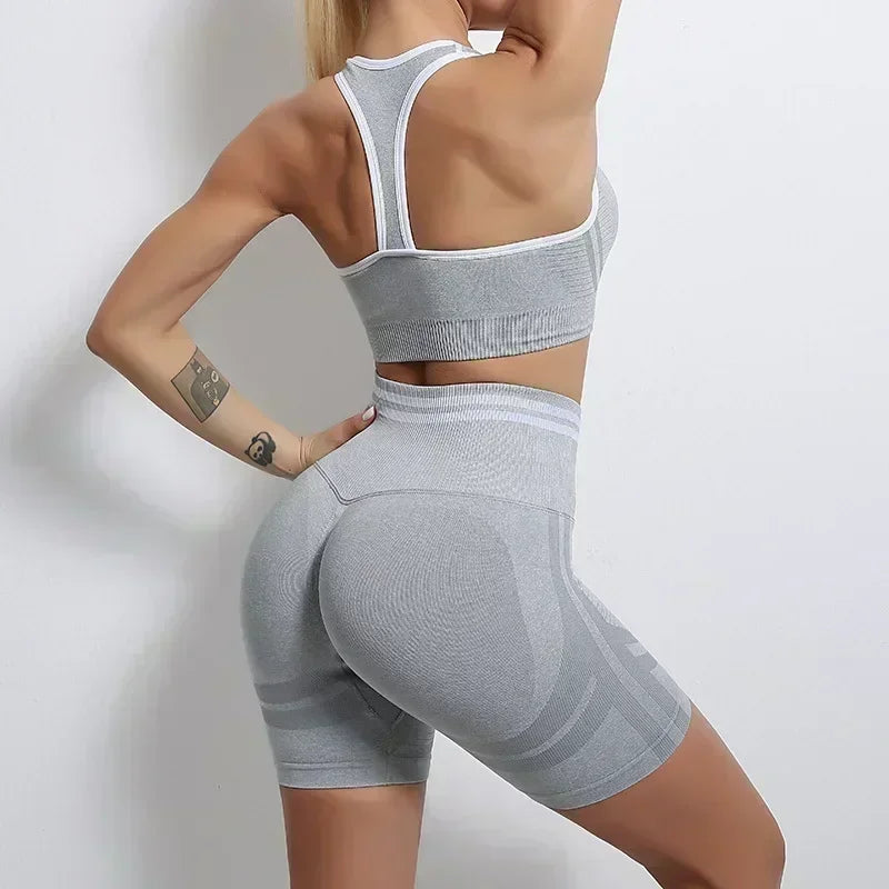 Seamless Yoga Sets Sports Fitness High Waist Hip Raise Pants Long-Sleeved Backless Suit Workout Clothes Gym Shorts Set for Women