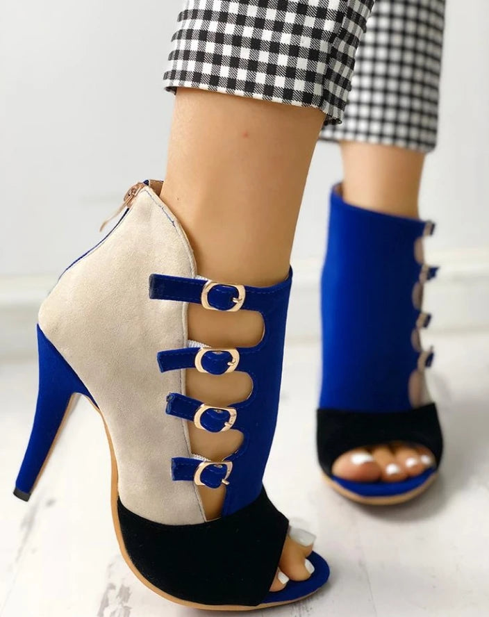 Colorblock Splicing Hollow Out Buckled Thin Heels