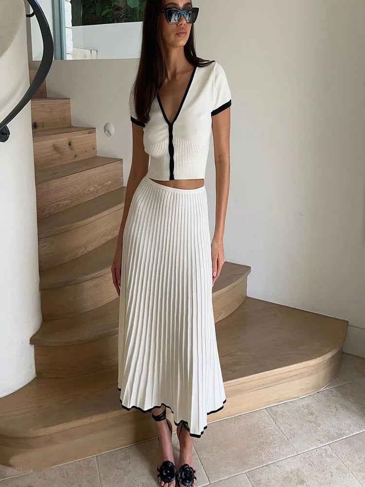 Summer Women White long Skirt Suit Short Sleeve V-neck crop top pleated set elegant dress 2 piece skirt set Plus Size S-3XL