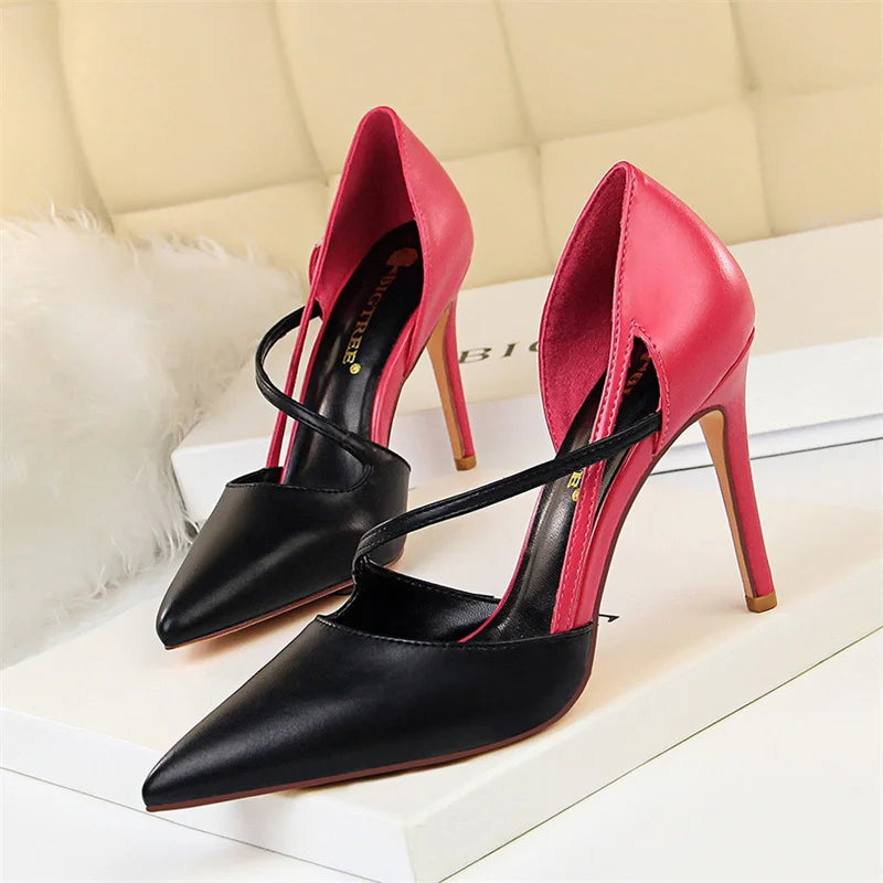 New Summer Women Fashion Sweet Pointed Toe High Heel Sandals Patchwork Hollow Party Ankle Strap Yellow Pink Single Shoes