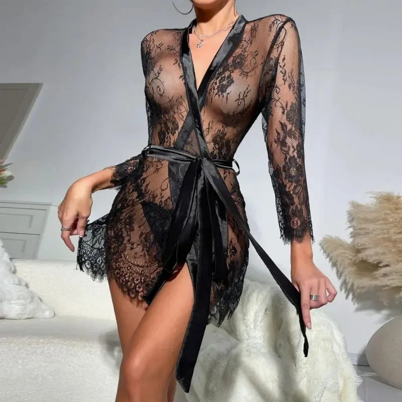Sexy Lingerie Sexy Nightgown for Women See-through Lace Print Deep V Neck Home Ultra-thin Lace Up Nightgown Set New