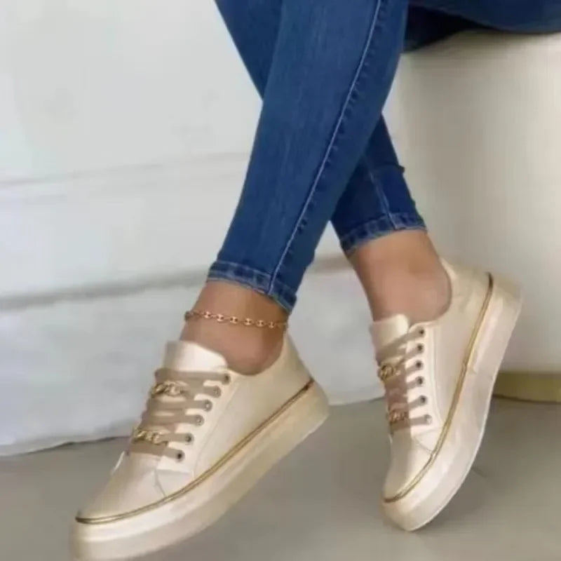 Women's Sneakers New Fashion Chain Leather Comfortable Round Toe Platform Sneakers Lace-up Walking