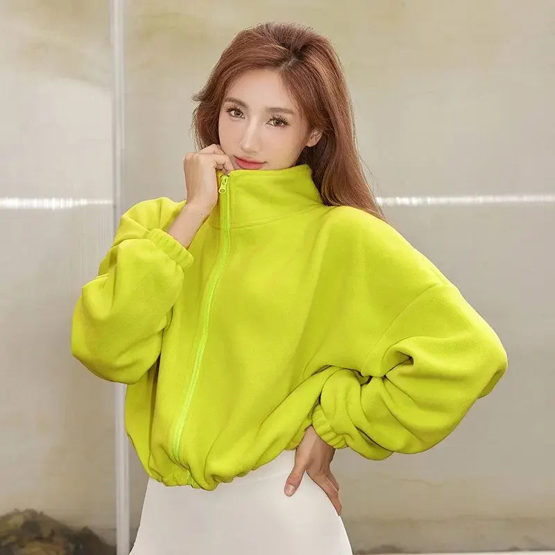 Women Loose Cropped Jacket Loose Zipper Sweatshirt Long Sleeve Coat Cardigan Sportswear Streetwear Drawstring Tops Clothing