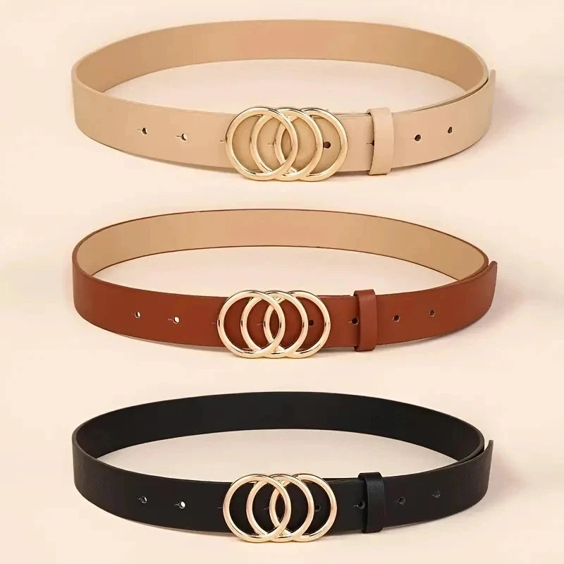 1pc Women Belt Trend Triple Round Buckle Belt Simple Versatile Youth Belt PU Leather Belt Combined With Jeans Dress Women's Belts