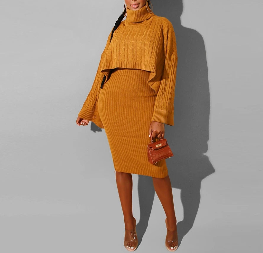 Women's Sweater Dress Set Autumn Winter New 2025 Solid Turtleneck Ribbed Sweater & Knitted Strap Dress Sets Matching Outfit
