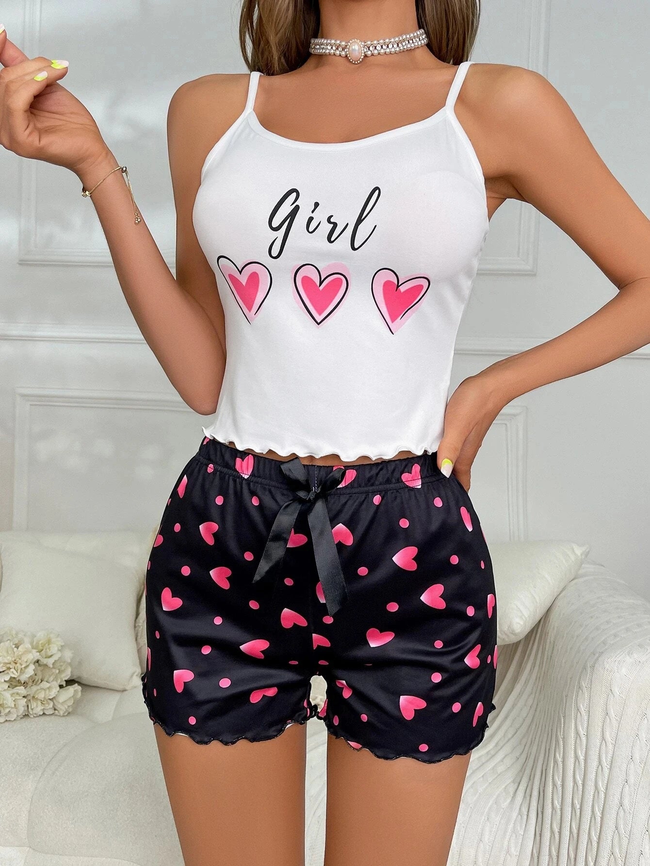 Heart-Shaped Printed Patterns Paired with Sleeveless Round Neck Suspender Top and Casual Home Shorts for Women's Pajama Set