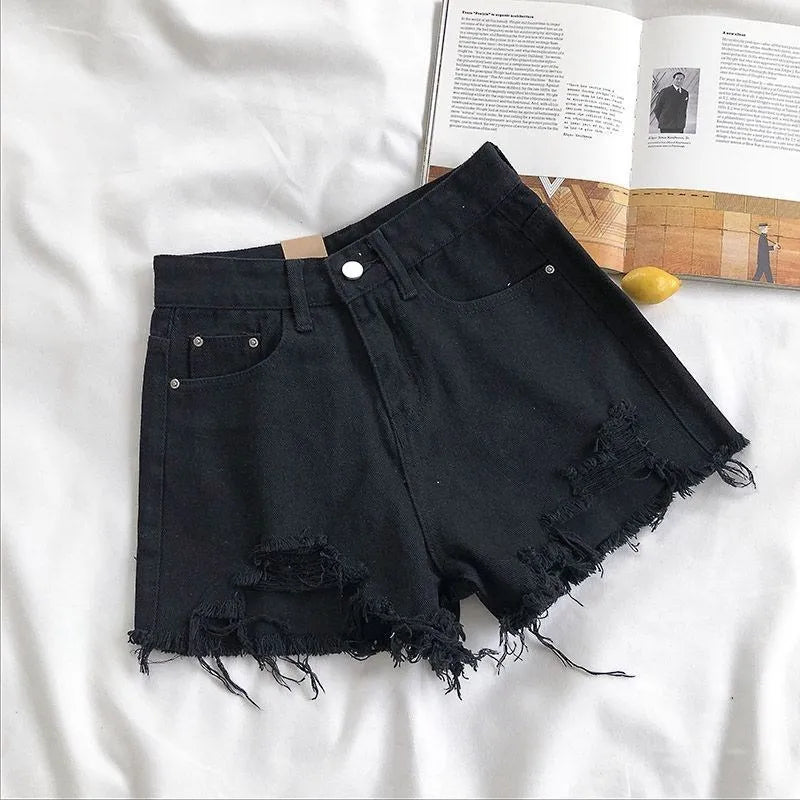 Women Summer Fashion Casual High Waist Ripped Jeans Pocket Tassel Y2K Hot Pants Streetwear Blue Trousers
