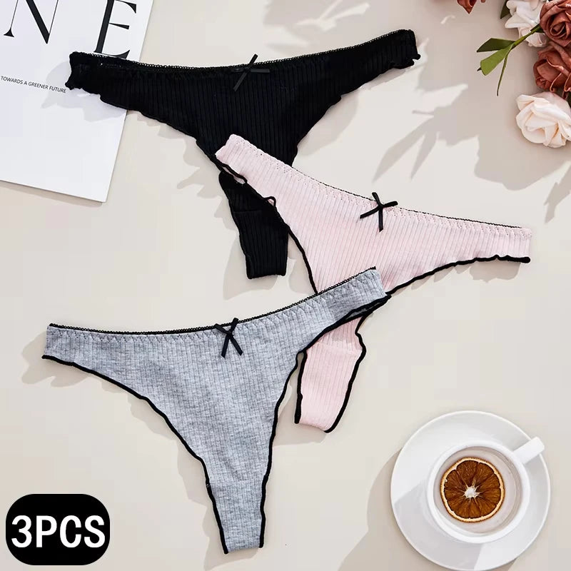 3Pcs Ribbed Cotton Thong Panties Women's Sexy Low Rise G-String Lingerie Cute Bow Underwear Set Breathable Comfort Solid Color