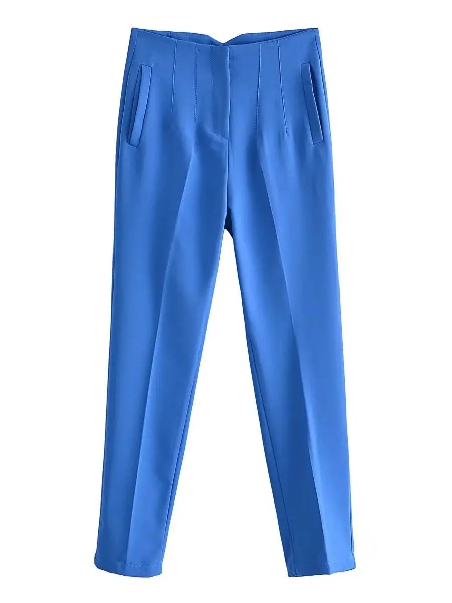 Women Light Blue Chic Fashion Office Wear Straight Pants Vintage High Waist Zipper Fly Female Trousers Fashion 2025 Pants