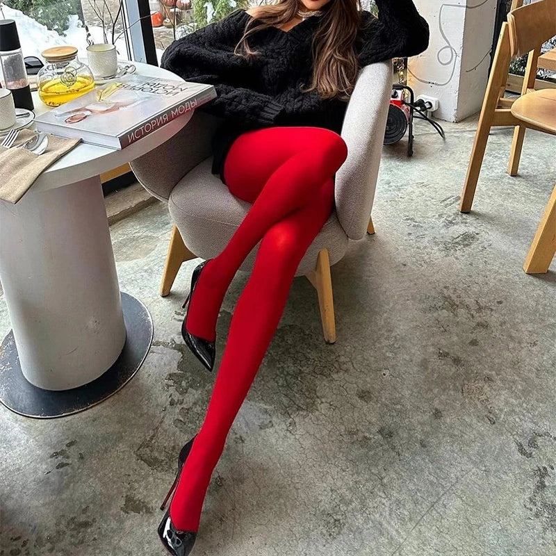 Women Bodycon Super Elastic See Through Lace Pantyhose Autumn Sexy Slim Elegant Burgundy Tights Winter